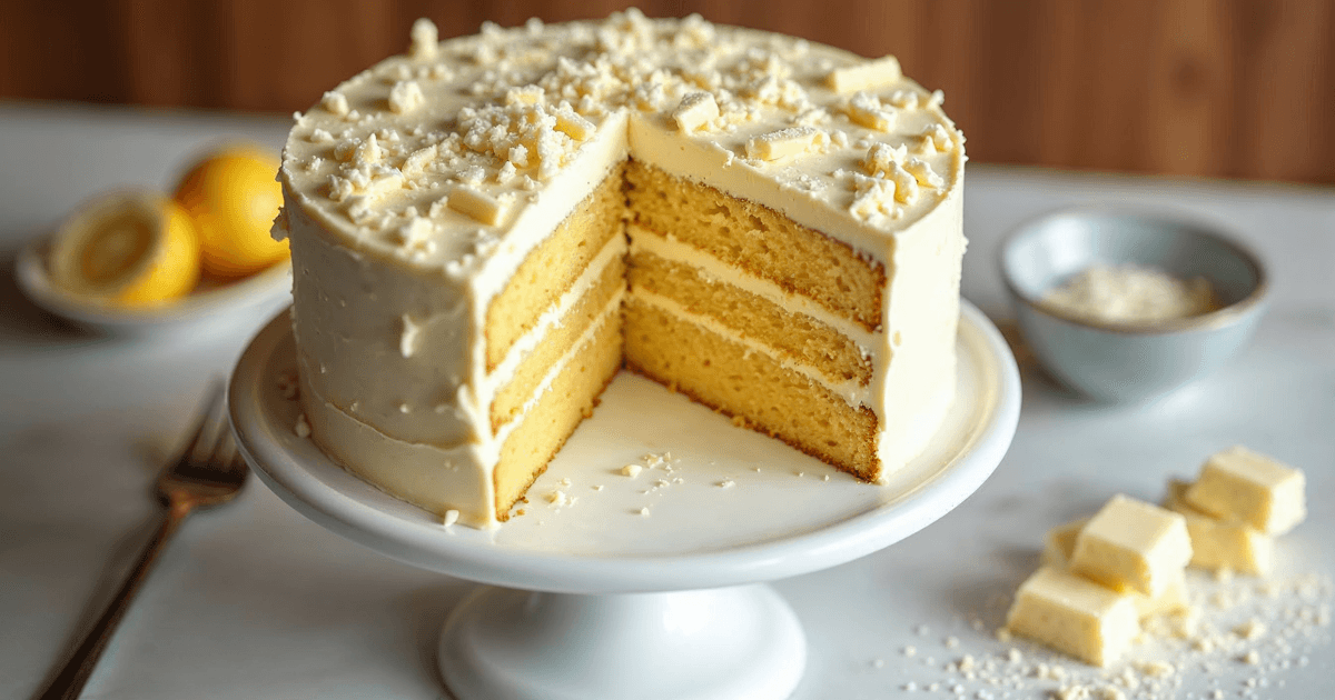 Gluten-free yellow cake with white chocolate frosting and shavings, served on a white cake stand, perfect for special occasions.