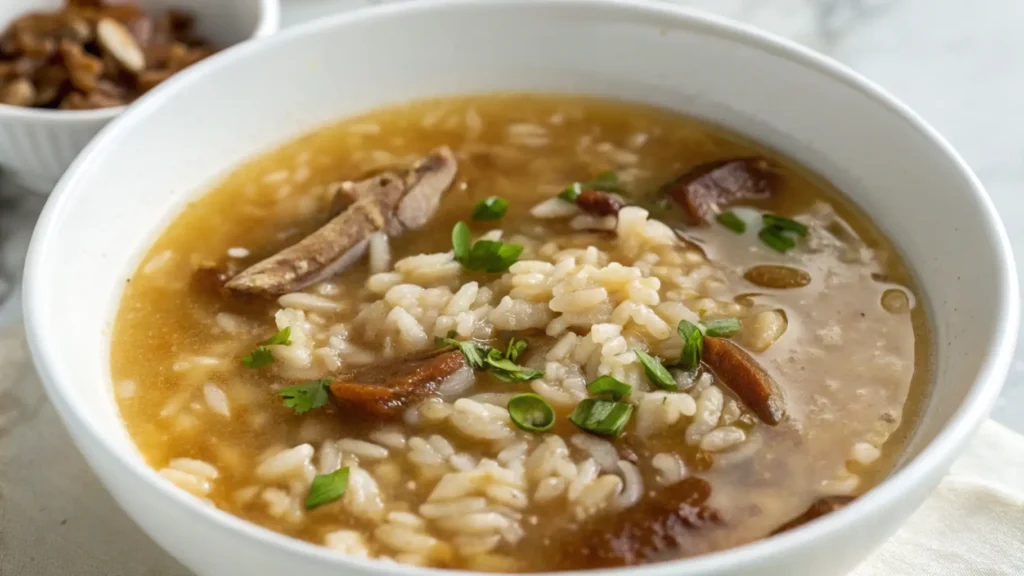 Close-up of overcooked rice grains in a soup broth.