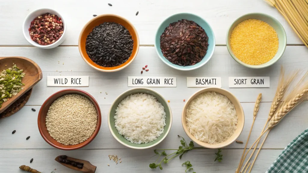  Assorted rice varieties in labeled bowls on a wooden surface.