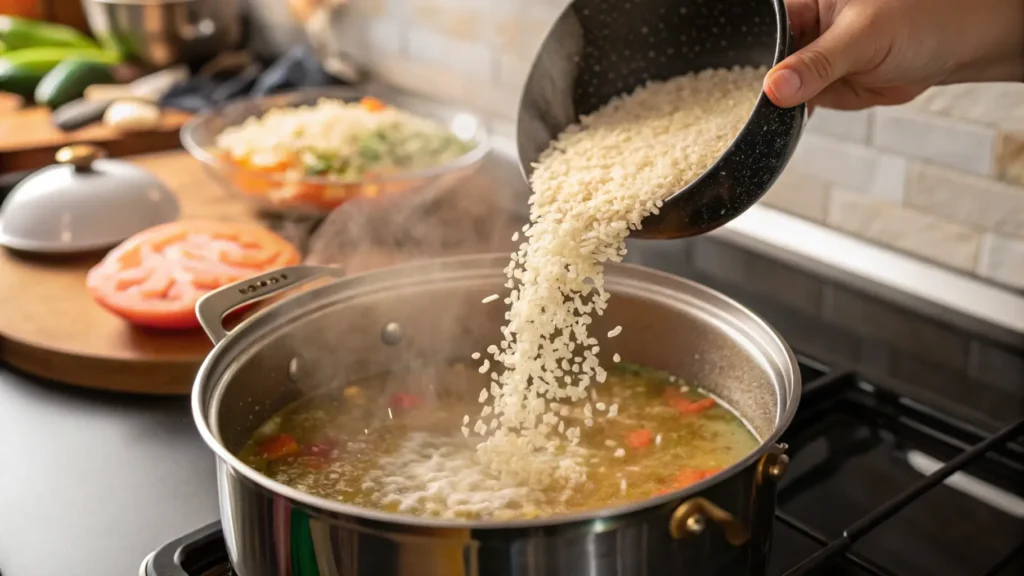 A cook adding uncooked rice to a simmering pot of soup broth.