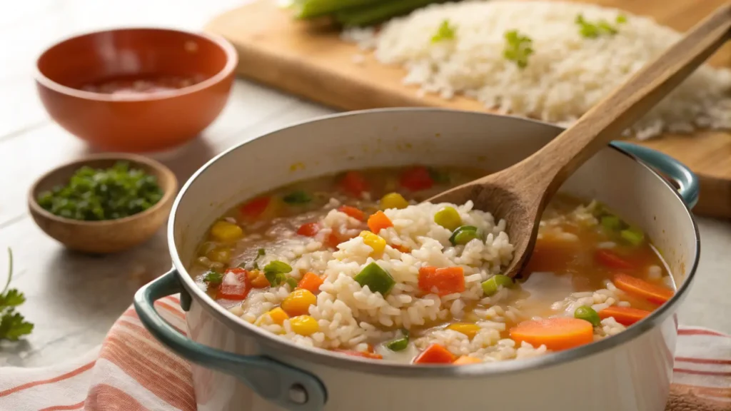 Stirring leftover rice into a pot of soup with vegetables.