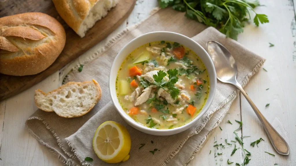 Bowl of chicken and rice soup garnished with herbs and served with a bread roll.