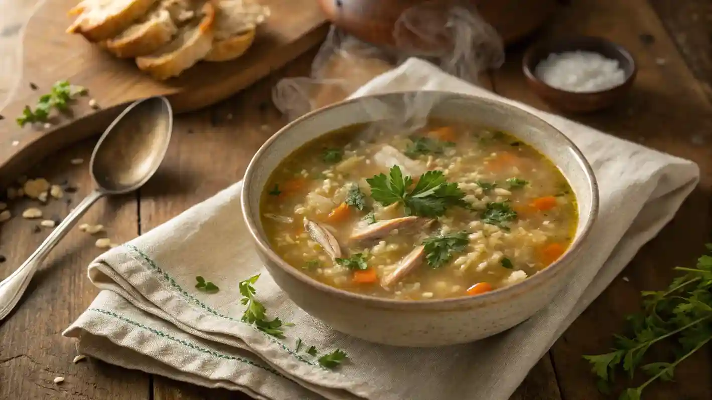 Steaming bowl of chicken and rice soup with fresh herbs on a wooden table.