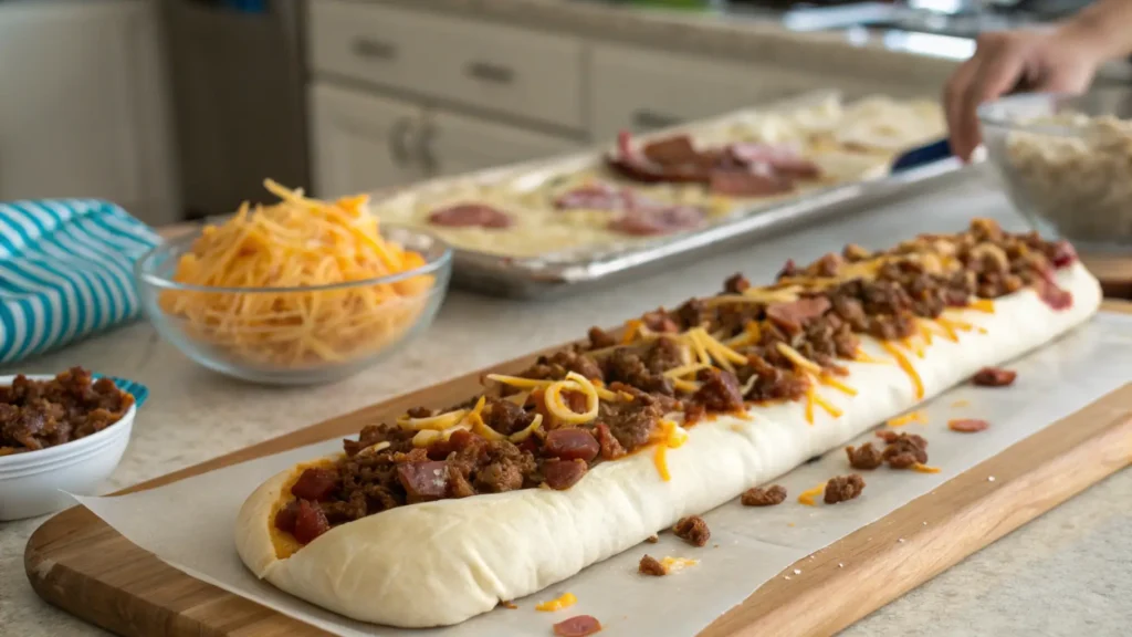 Garbage bread fillings spread evenly on rolled-out dough.