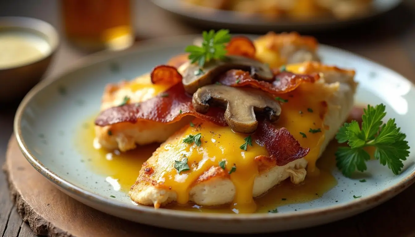 Alice Springs Chicken topped with melted cheese, crispy bacon, and sautéed mushrooms served on a white plate with honey mustard sauce.