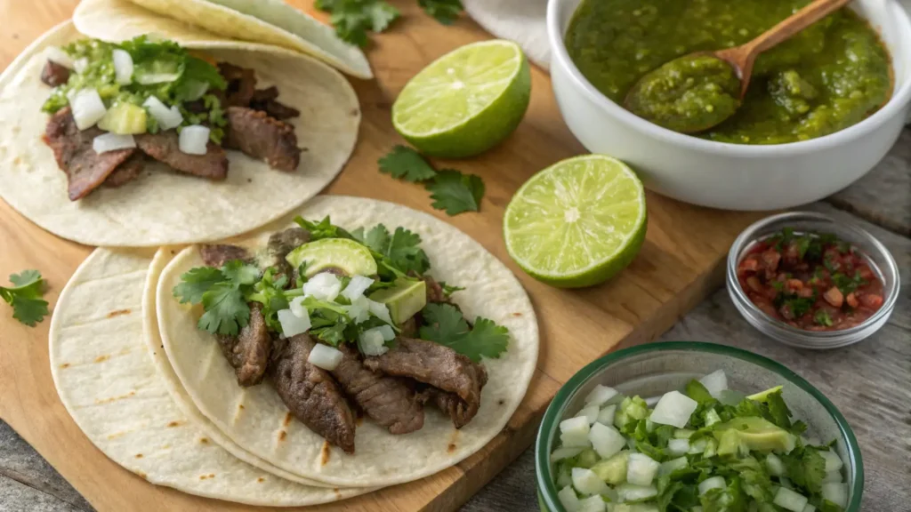 Assembling tacos de lengua with beef tongue, onion, cilantro, and salsa verde.