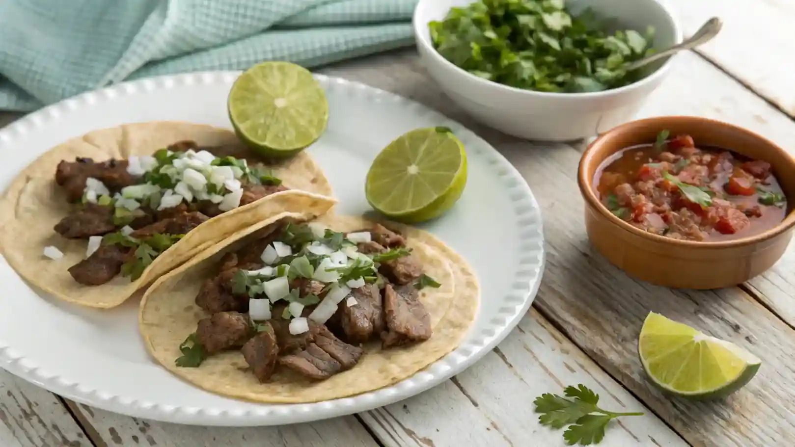 A plate of tacos de lengua topped with onion and cilantro, served with lime wedges and salsa verde.