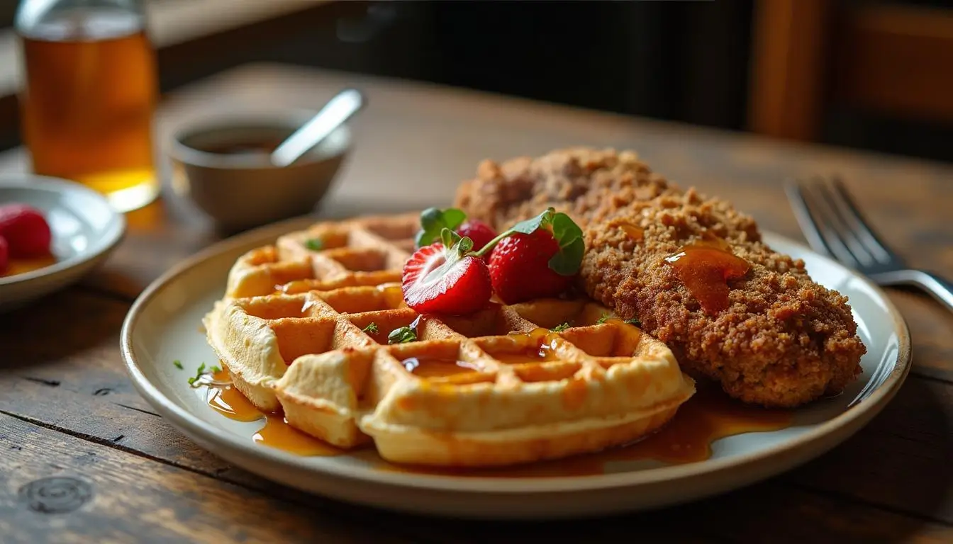 A close-up of a plate with golden, crispy fried chicken and fluffy waffles drizzled with maple syrup. The dish is garnished with fresh strawberries and a light sprinkle of green herbs. In the background, there is a jar of syrup, a small bowl, and a fork resting on a rustic wooden table.