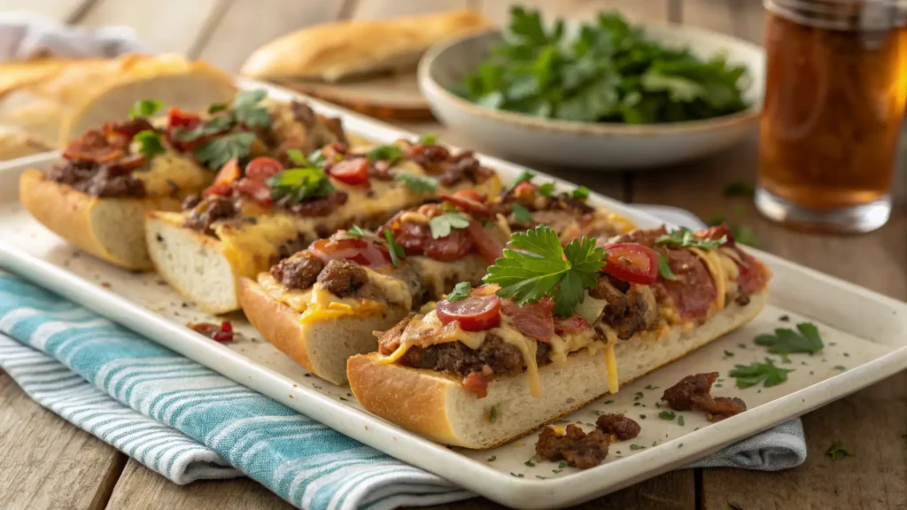 Garbage bread slices with ground beef, bacon, and melted cheese, garnished with parsley.