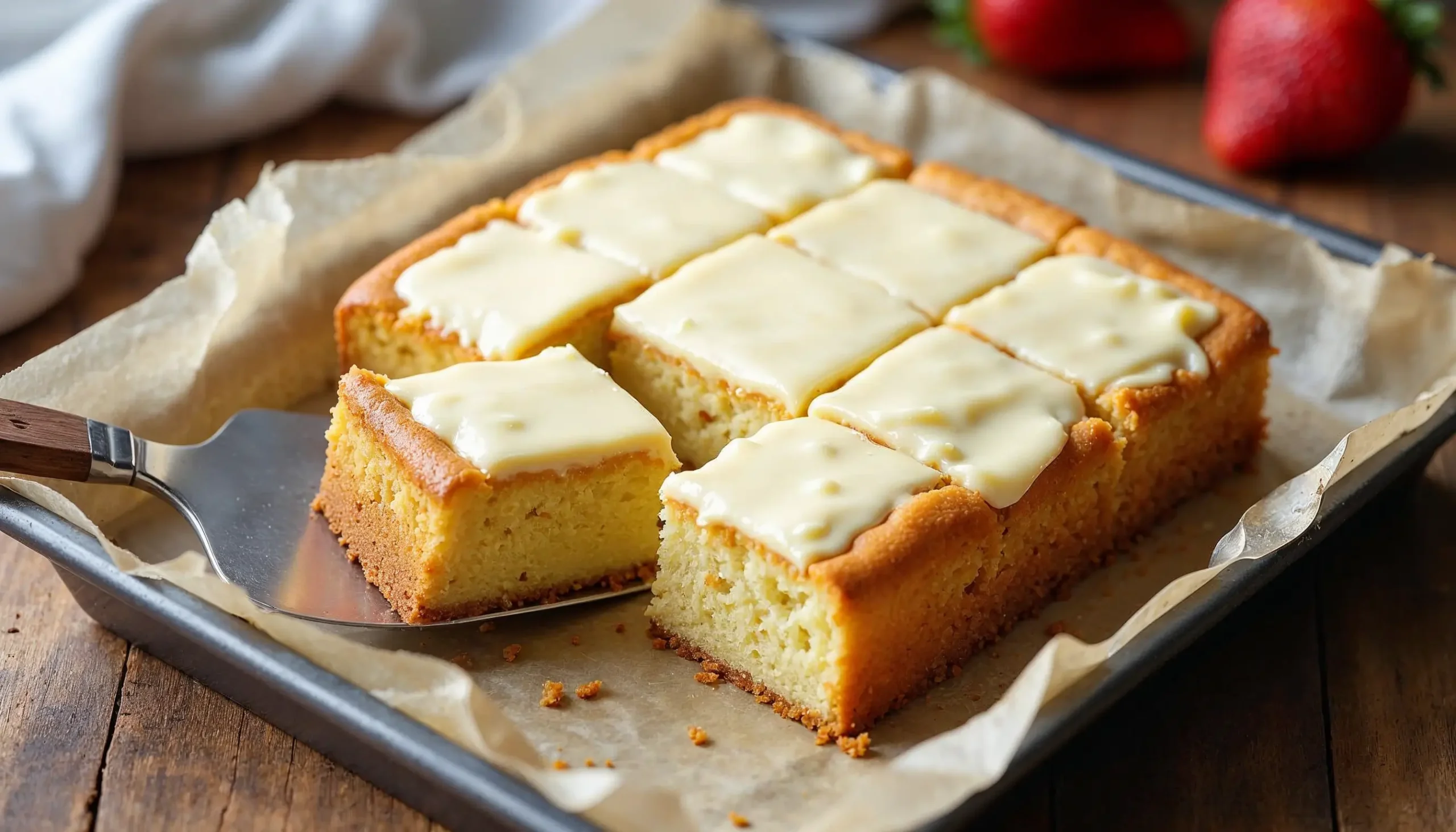 A freshly baked kefir sheet cake with cream cheese frosting, sliced into squares on a baking tray with a spatula lifting one slice.