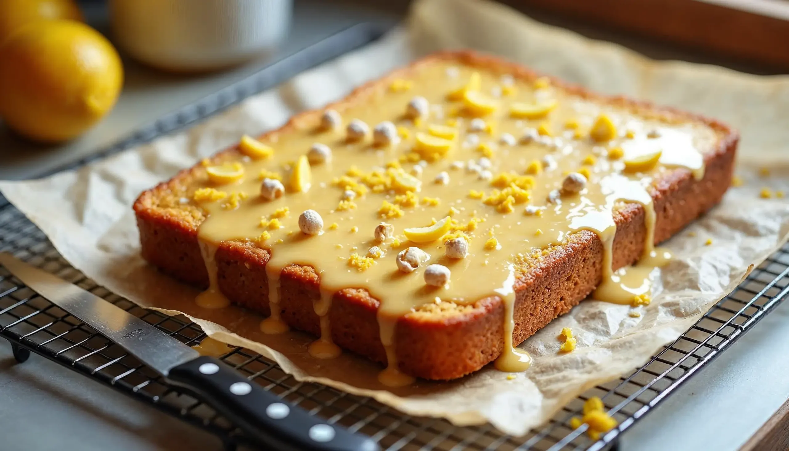 Close-up of a freshly baked kefir sheet cake with a glossy glaze, garnished with lemon zest and crushed nuts, resting on a cooling rack.