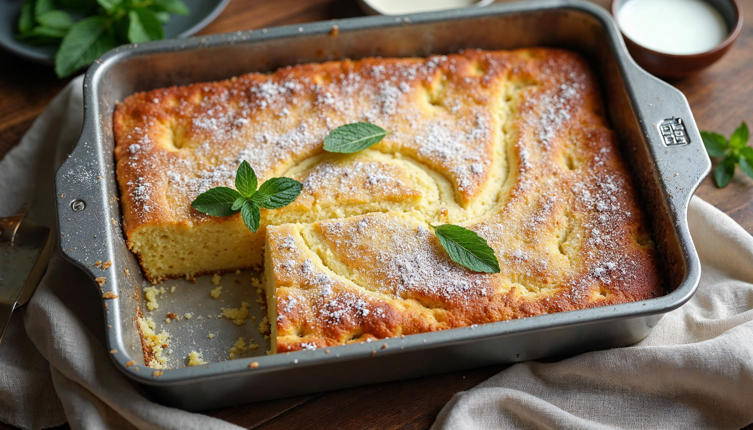 Overhead view of a freshly baked kefir sheet cake in a pan, dusted with powdered sugar and garnished with mint leaves.