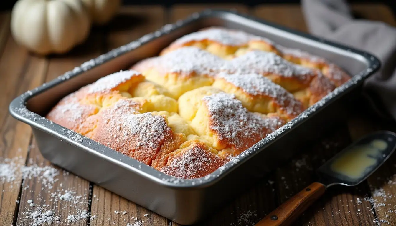 Freshly baked tangy kefir cake in a rectangular pan, dusted with powdered sugar, placed on a wooden table with a serving spatula nearby.