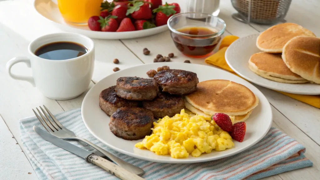 Hearty breakfast with sausage patties, eggs, and pancakes.