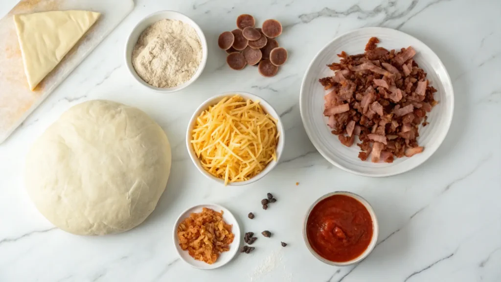 Ingredients for garbage bread neatly arranged on a marble countertop.