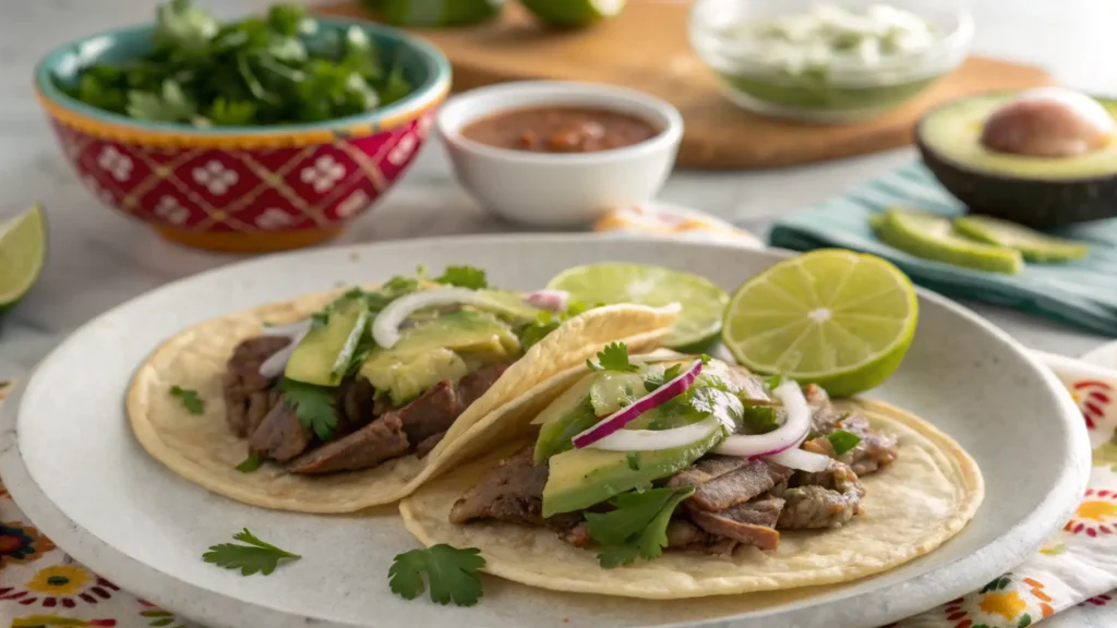 Fully garnished tacos de lengua served with lime wedges and salsa verde.