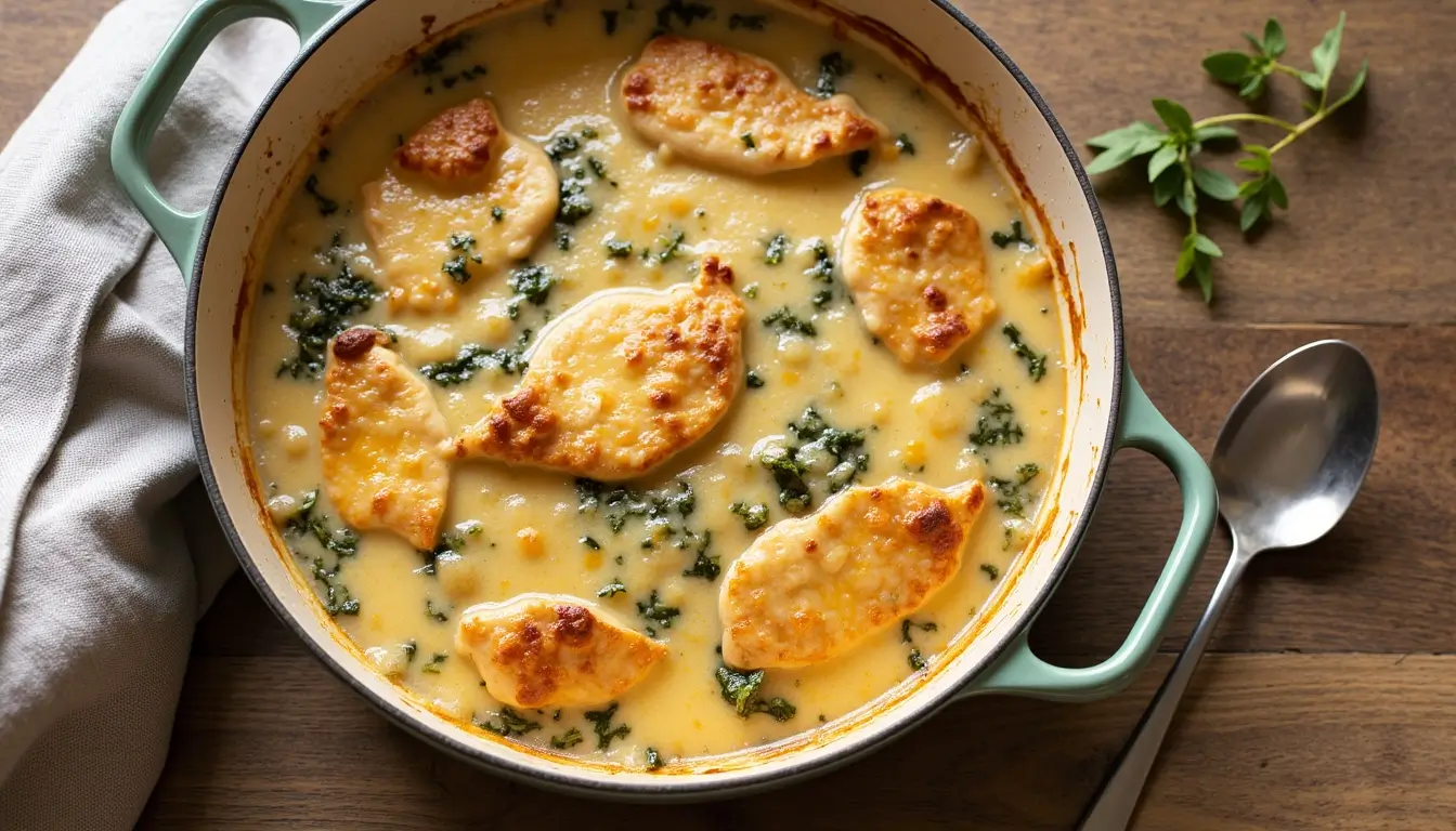 Golden-brown Chicken and Spinach Casserole topped with melted cheese and fresh herbs in a rustic baking dish, photographed overhead