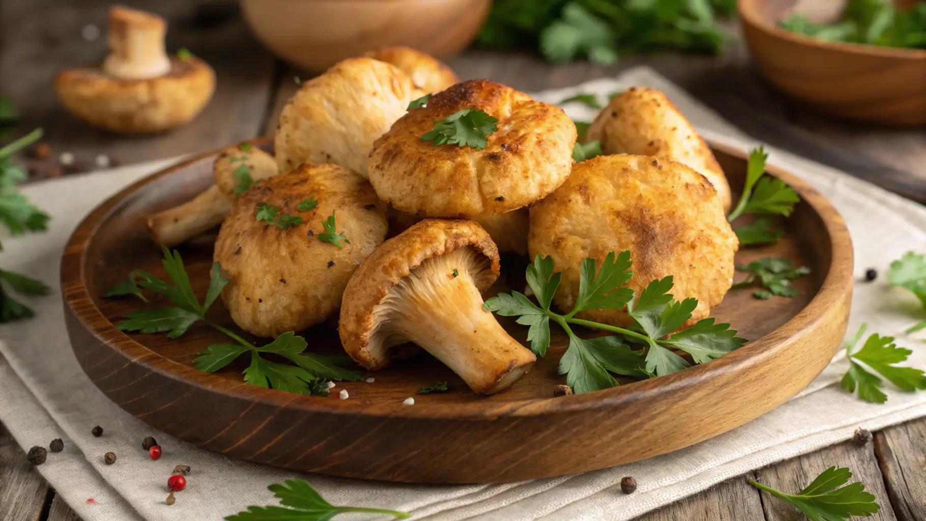 Golden brown sautéed lion's mane mushrooms garnished with parsley on a rustic wooden plate.