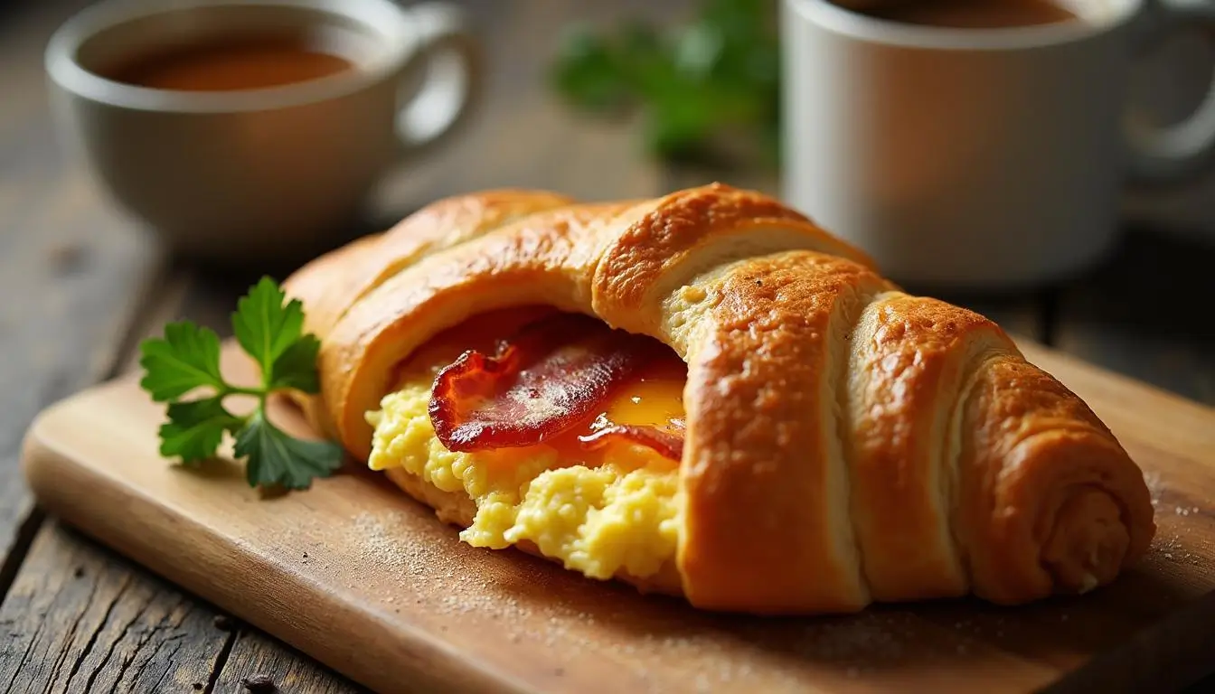 Golden crescent roll breakfast filled with scrambled eggs, bacon, and cheese on a wooden board with coffee nearby.