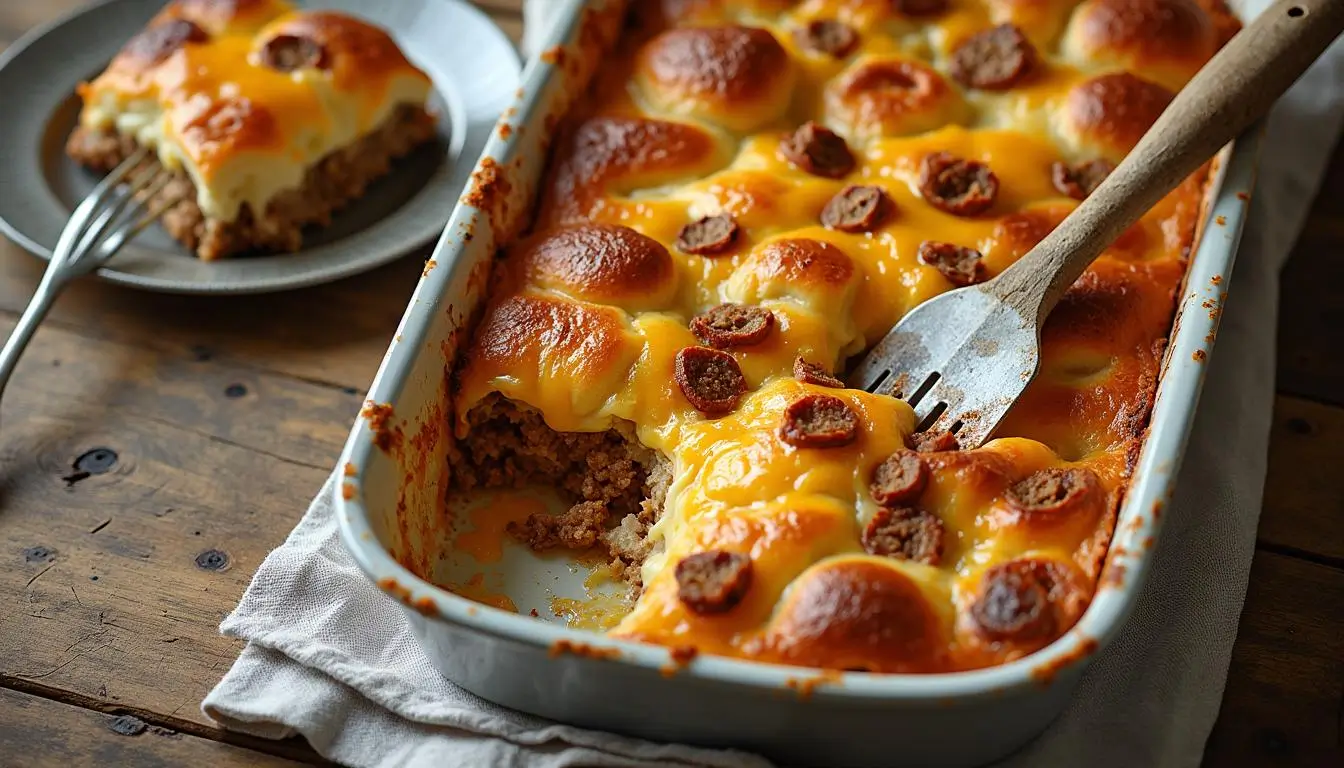 Golden sausage breakfast casserole with crescent rolls, melted cheese, and sausage crumbles in a baking dish.