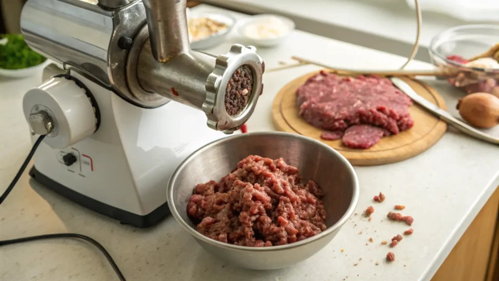 Meat grinder in action with venison chunks being processed.