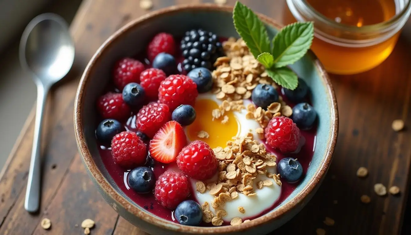 A vibrant breakfast bowl featuring creamy yogurt topped with fresh raspberries, blueberries, blackberries, and a sliced strawberry. The dish is garnished with crunchy granola, a sprig of mint, and a drizzle of golden honey, served on a rustic wooden table with a spoon nearby