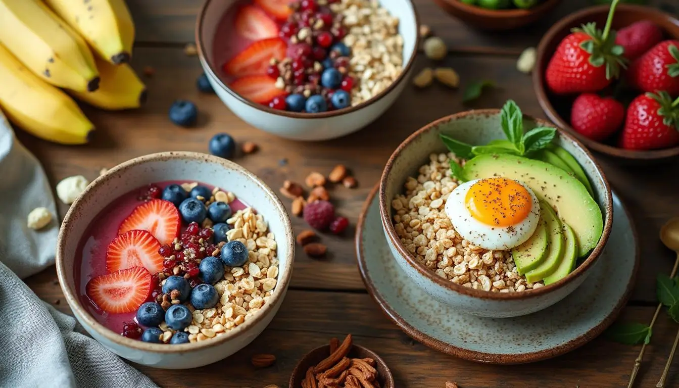 Vibrant breakfast table with colorful smoothie bowls, quinoa bowls, and chia pudding topped with fresh fruits and nuts.