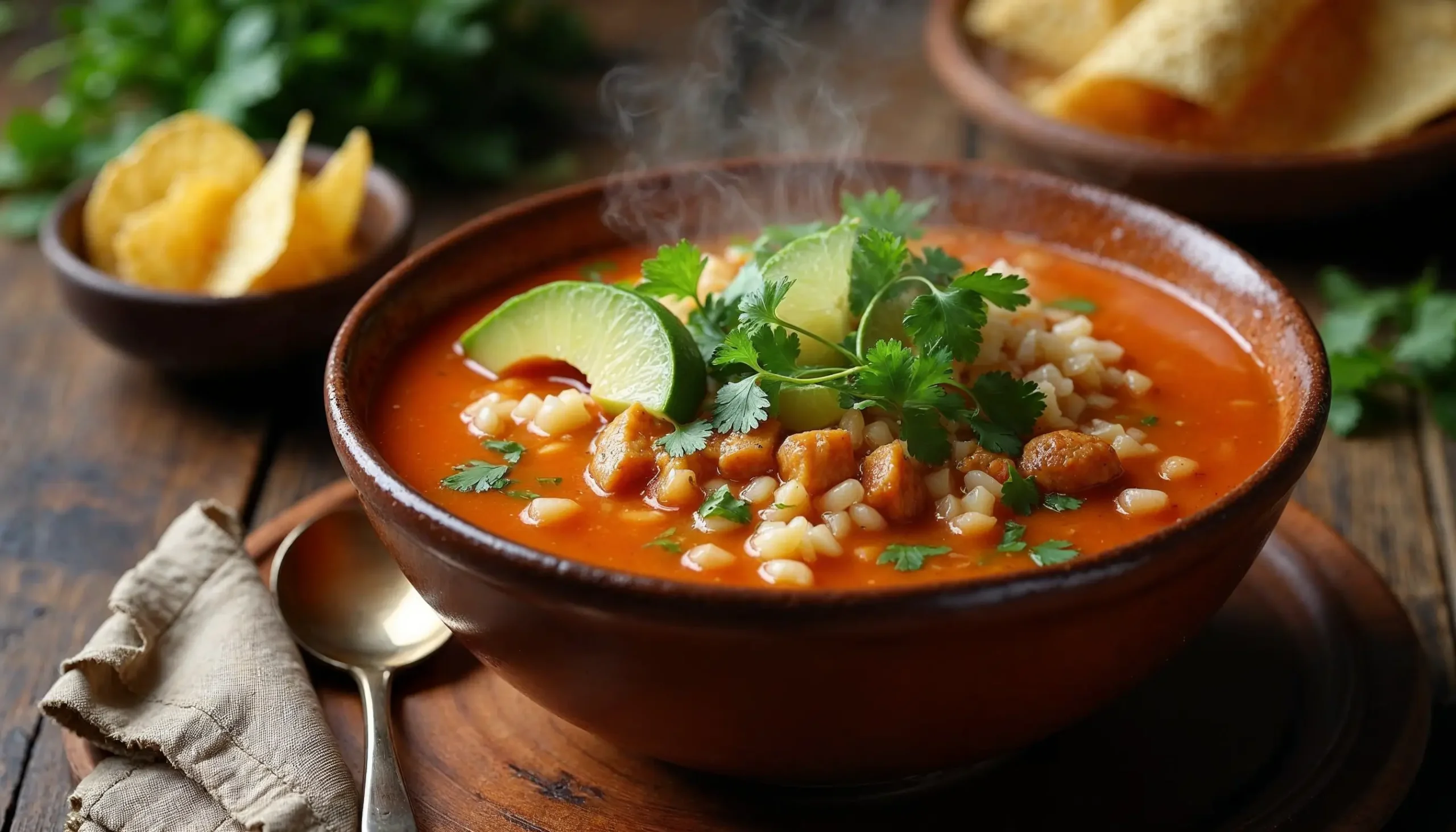 Steaming bowl of Chopt-inspired spicy chicken soup with rice, garnished with cilantro, avocado, and lime on a rustic wooden table.