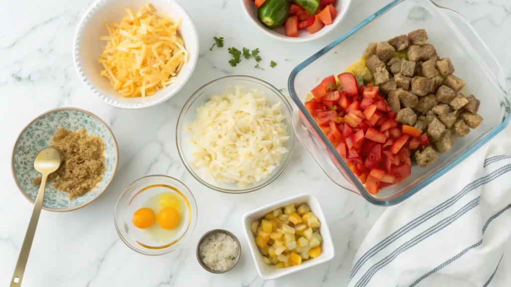 Breakfast casserole ingredients: vegetables, sausage, cheese, eggs, hash browns.