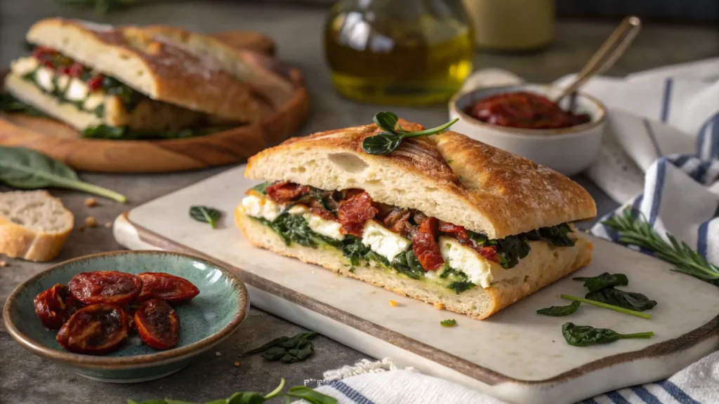 Mediterranean garbage bread slices with spinach, feta, and sun-dried tomatoes