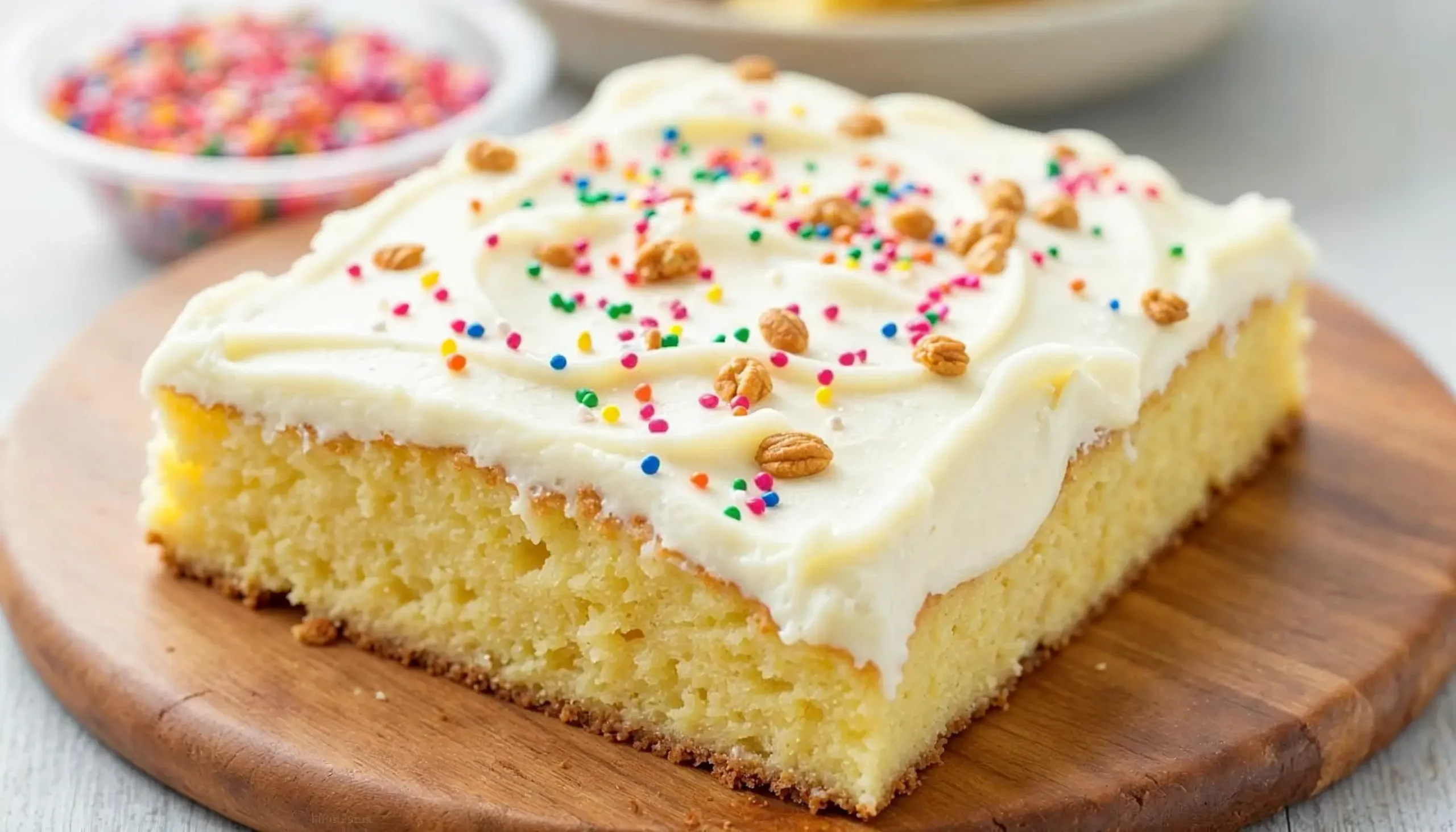 Freshly baked moist kefir sheet cake topped with creamy frosting, colorful sprinkles, and nuts on a wooden board.