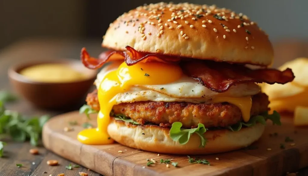 Crispy bacon and a sunny-side-up egg cooking together in a skillet with a perfectly runny yolk.
SEO Title: Bacon-and-Fried-Egg-Sizzling-for-Breakfast-Burger
