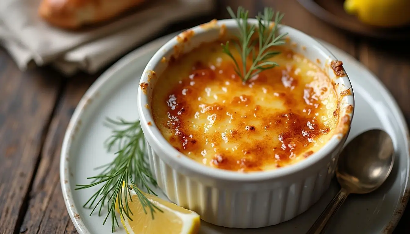 Close-up of a Crab Brulee in a white ramekin with a golden caramelized crust, garnished with dill and a lemon slice.