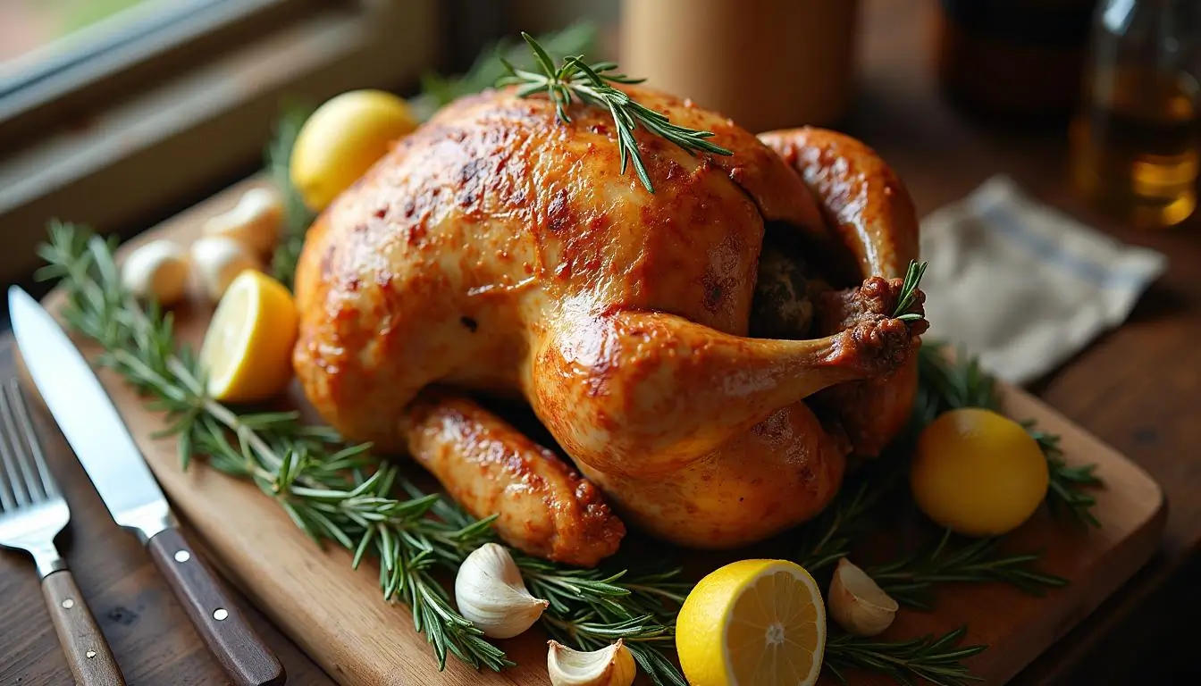 Whole rotisserie chicken with crispy golden skin, garnished with rosemary and lemon, on a wooden cutting board."