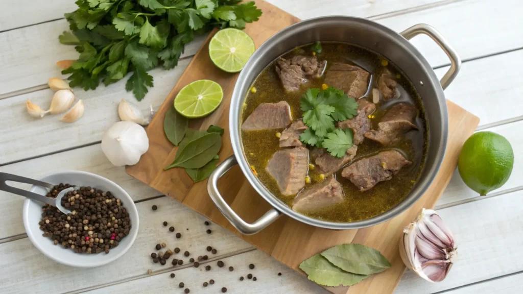 Beef tongue simmering in a stock pot with garlic, bay leaves, and onions.