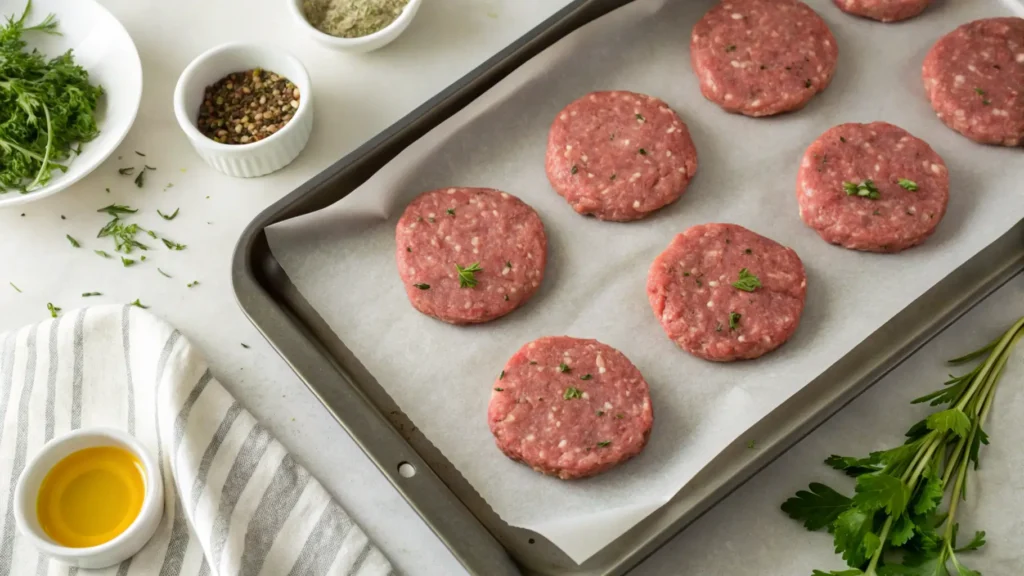 Raw patties lined on a baking sheet, ready for cooking.