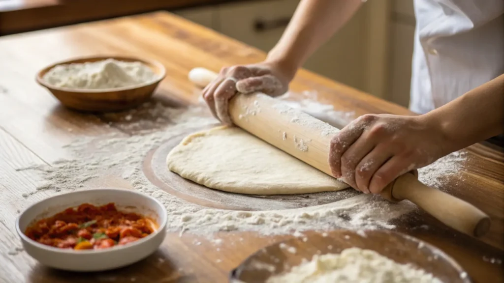 Hands rolling out pizza dough on a floured wooden surface.