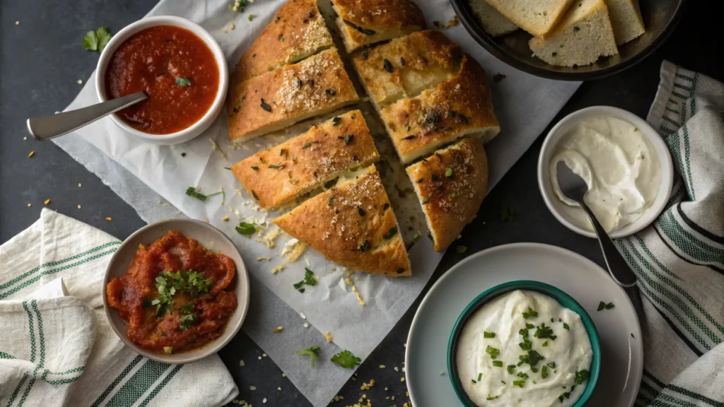 Sliced garbage bread with marinara and ranch dips on a casual table.