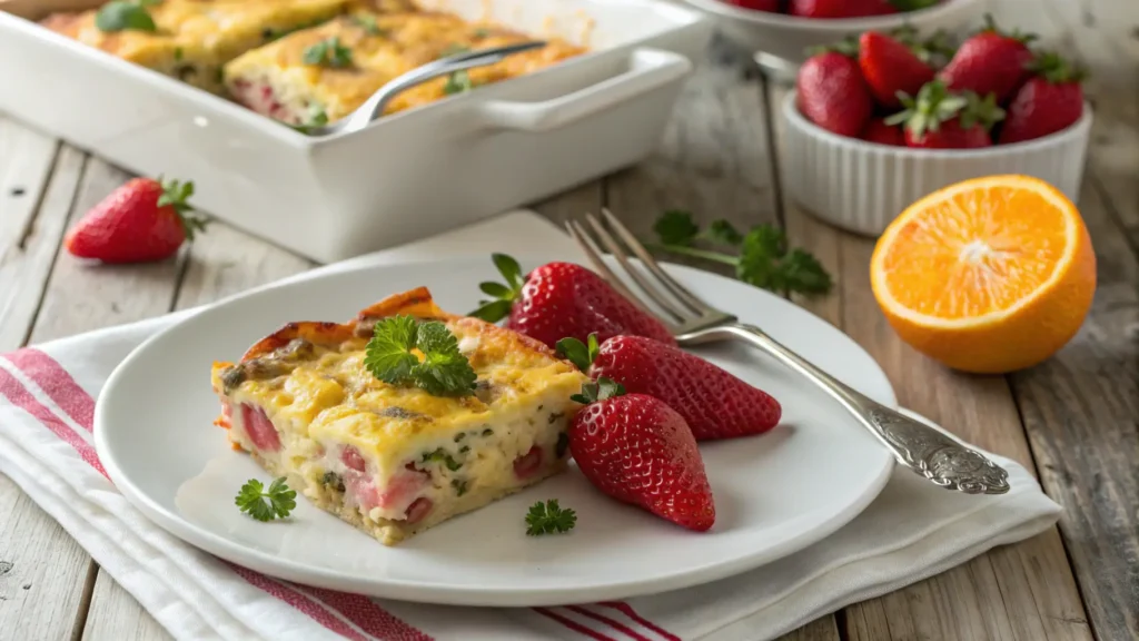 A slice of make-ahead breakfast casserole on a plate with fresh fruit on the side.