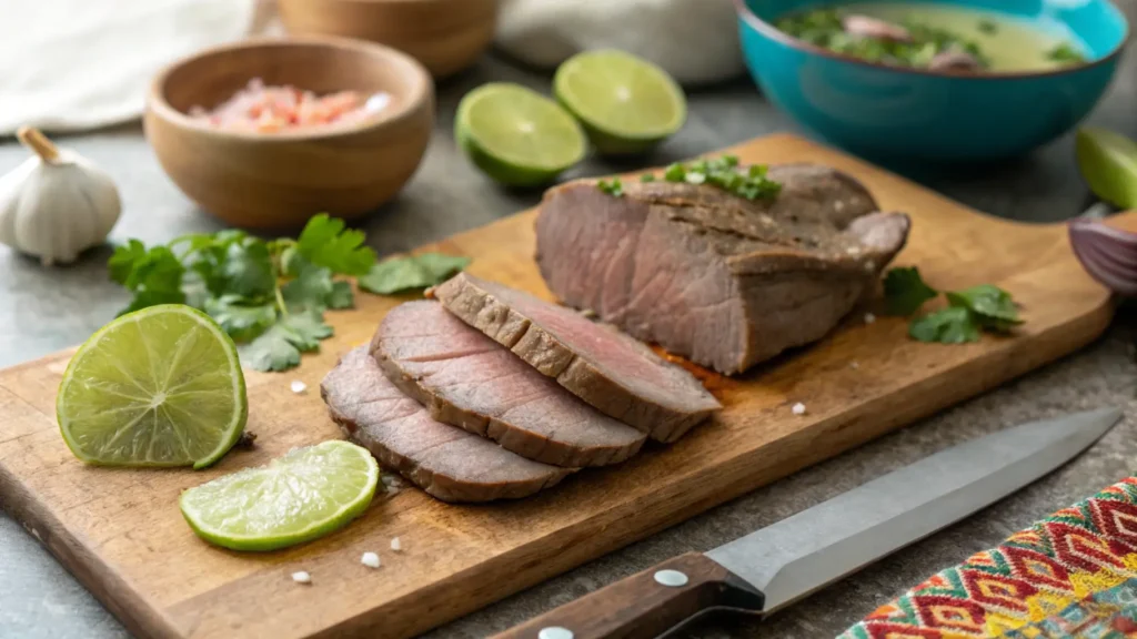 Peeled and sliced beef tongue on a wooden cutting board, with lime and garlic nearby.