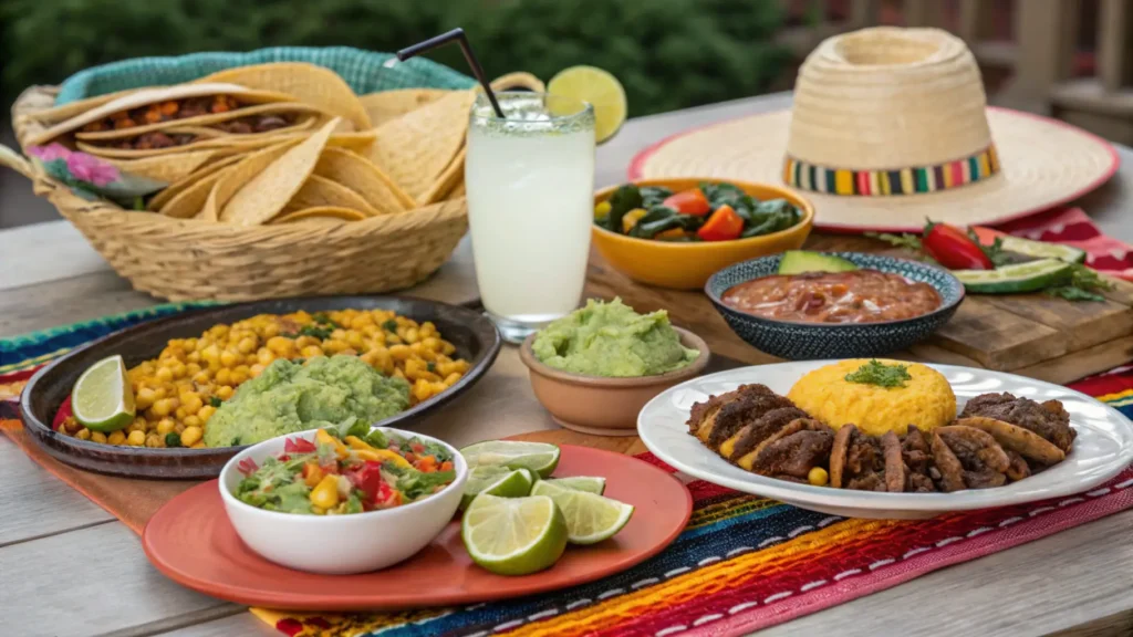 Mexican meal with tacos, guacamole, corn salad, beans, meat, rice, and limeade.