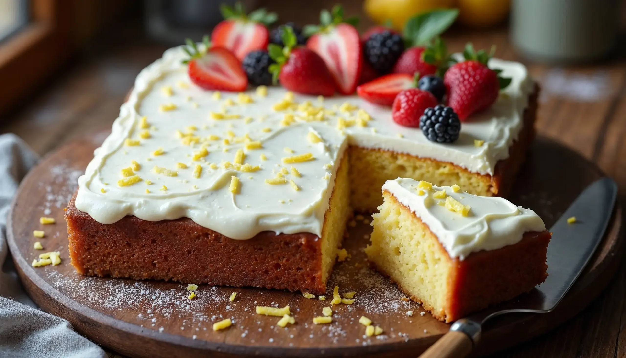 Tangy sheet cake with cream cheese frosting and fresh berries on a wooden table, partially sliced with crumbs scattered.