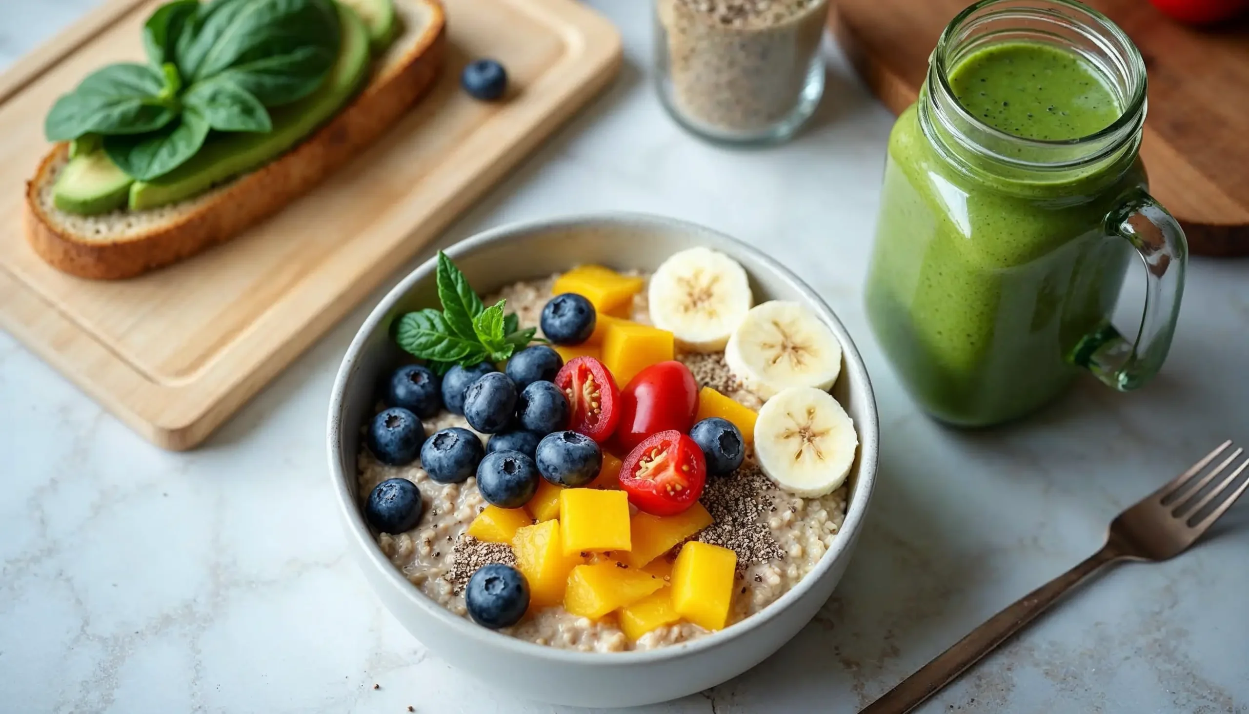 Vegan breakfast spread with overnight oats, green smoothie, and avocado toast on a rustic wooden table.