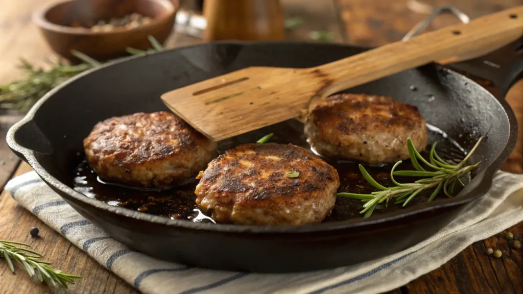 Golden-brown patties sizzling in a skillet with fresh herbs.