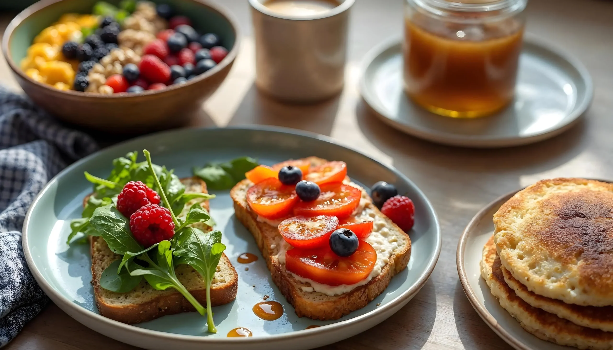 A vibrant breakfast spread with smoothie bowls, avocado toast, overnight oats, and pancakes, arranged on a bright kitchen counter.