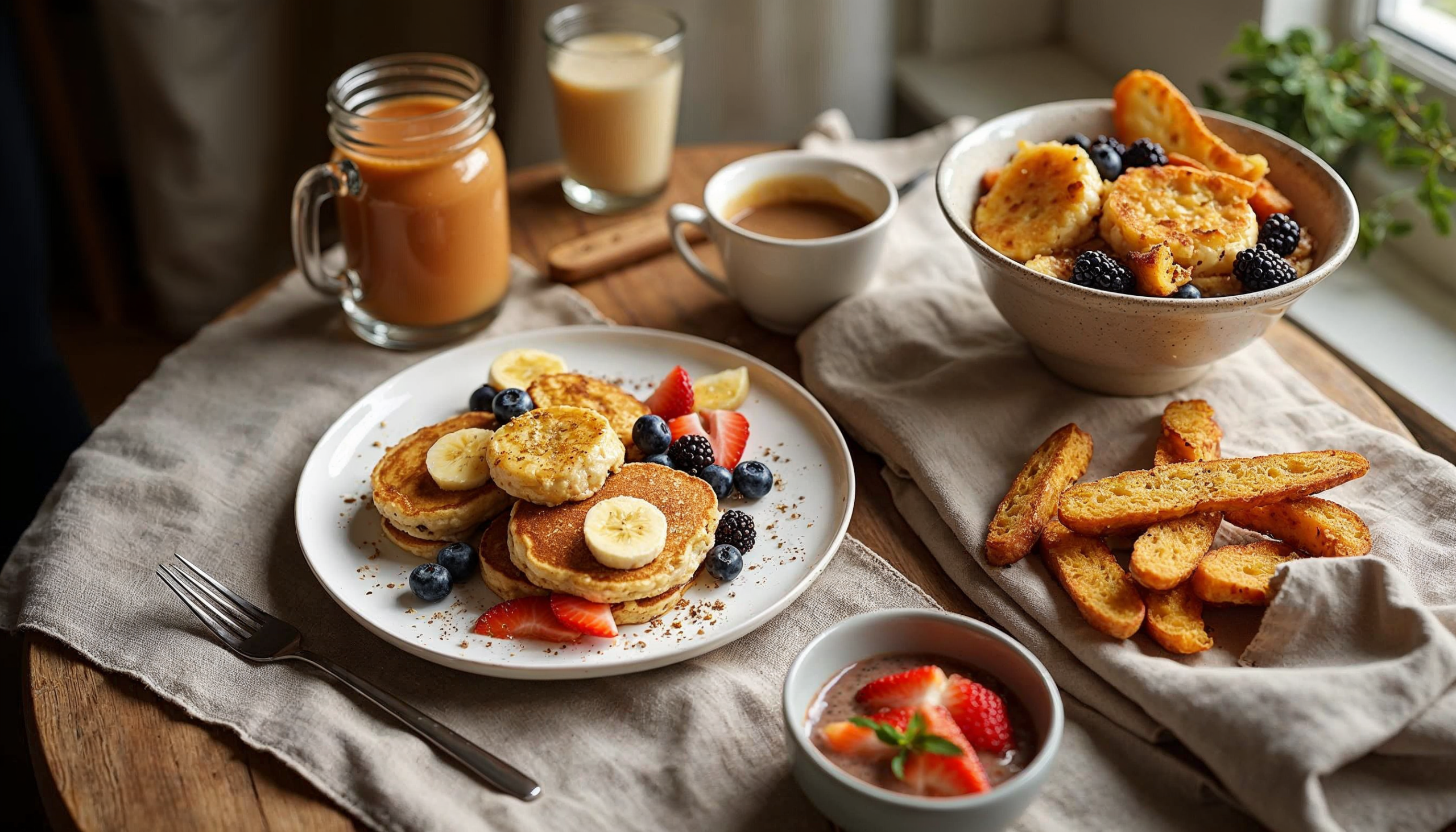 A cozy breakfast spread including a plate of fluffy banana pancakes topped with banana slices, blueberries and strawberries, served with a bowl of fresh fruit, crispy toast sticks and a hot drink. The decor features natural wood tones and soft lighting, creating a welcoming morning scene.