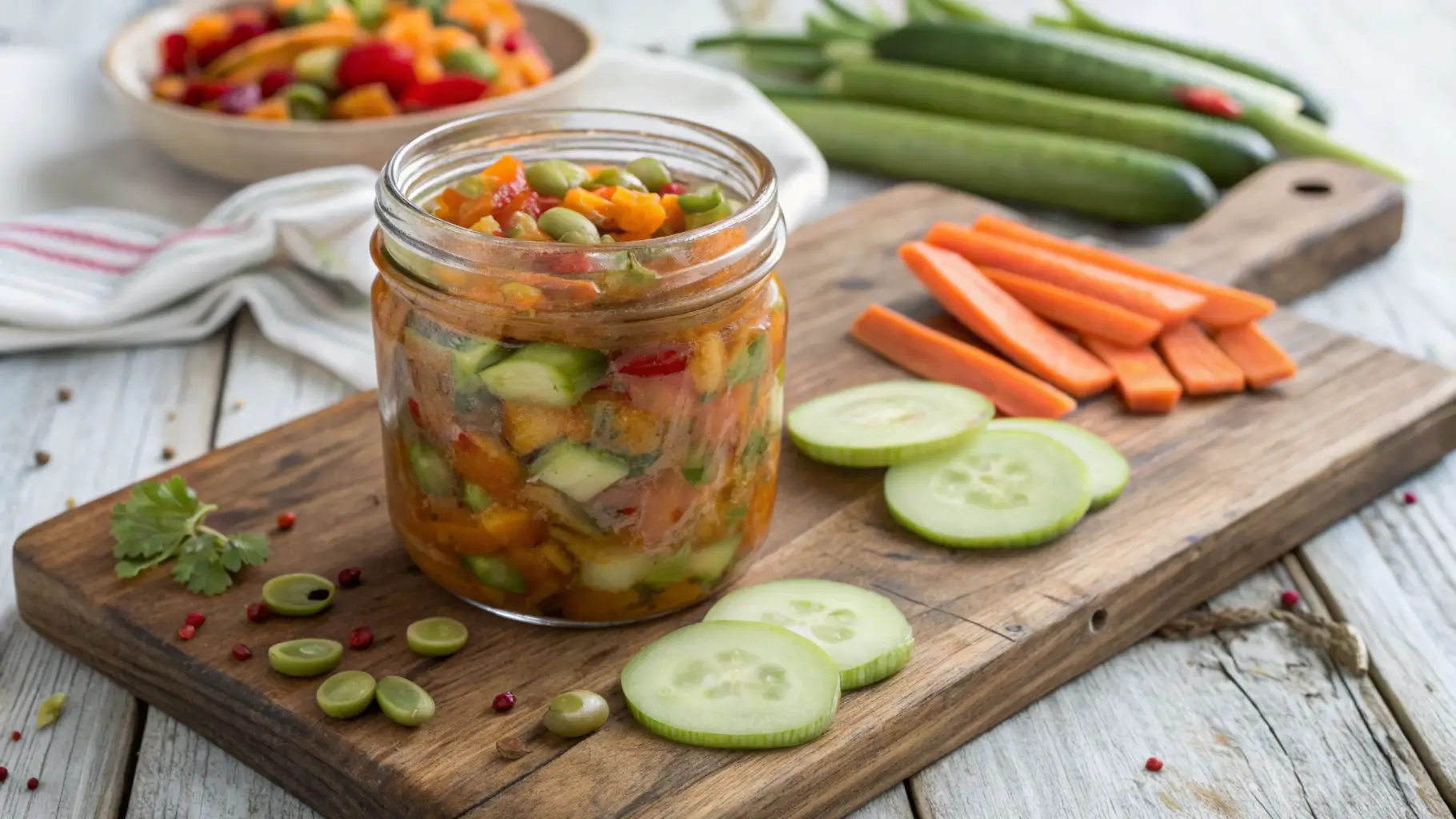 Jar of chow chow relish with vibrant vegetables on a rustic wooden board.