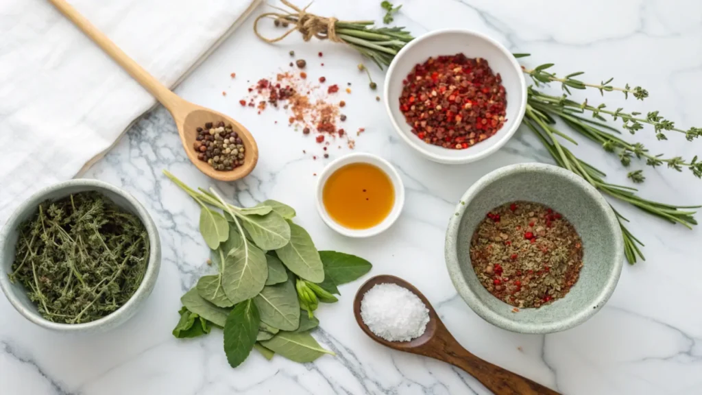 Fresh herbs, spices, and maple syrup arranged for seasoning.