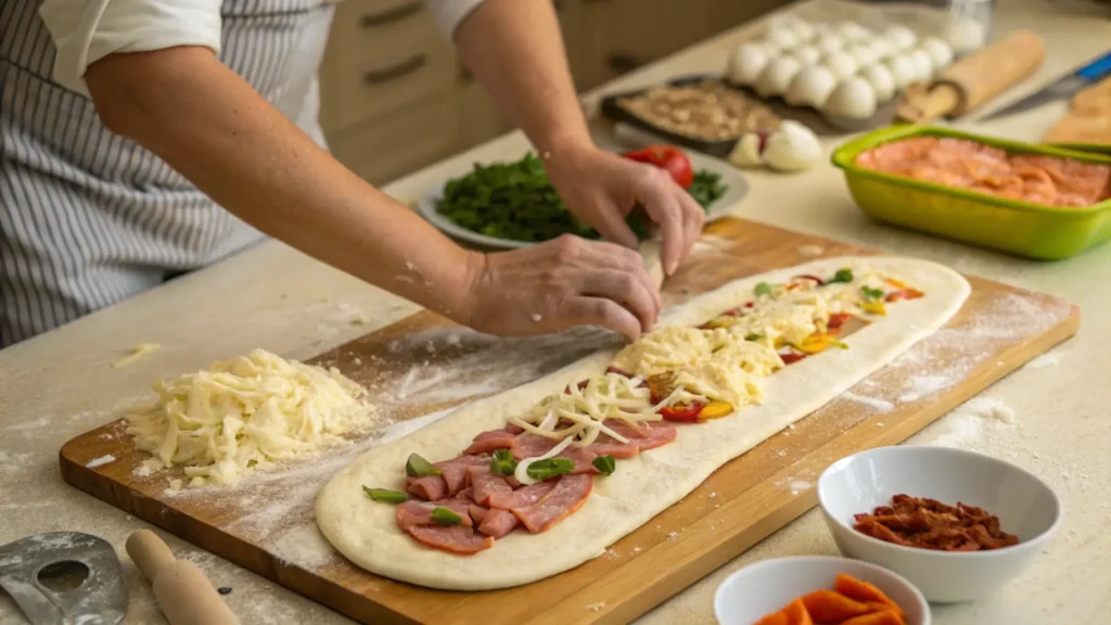 Rolled-out dough on a floured surface with cheese, ground beef, and bacon crumbles.