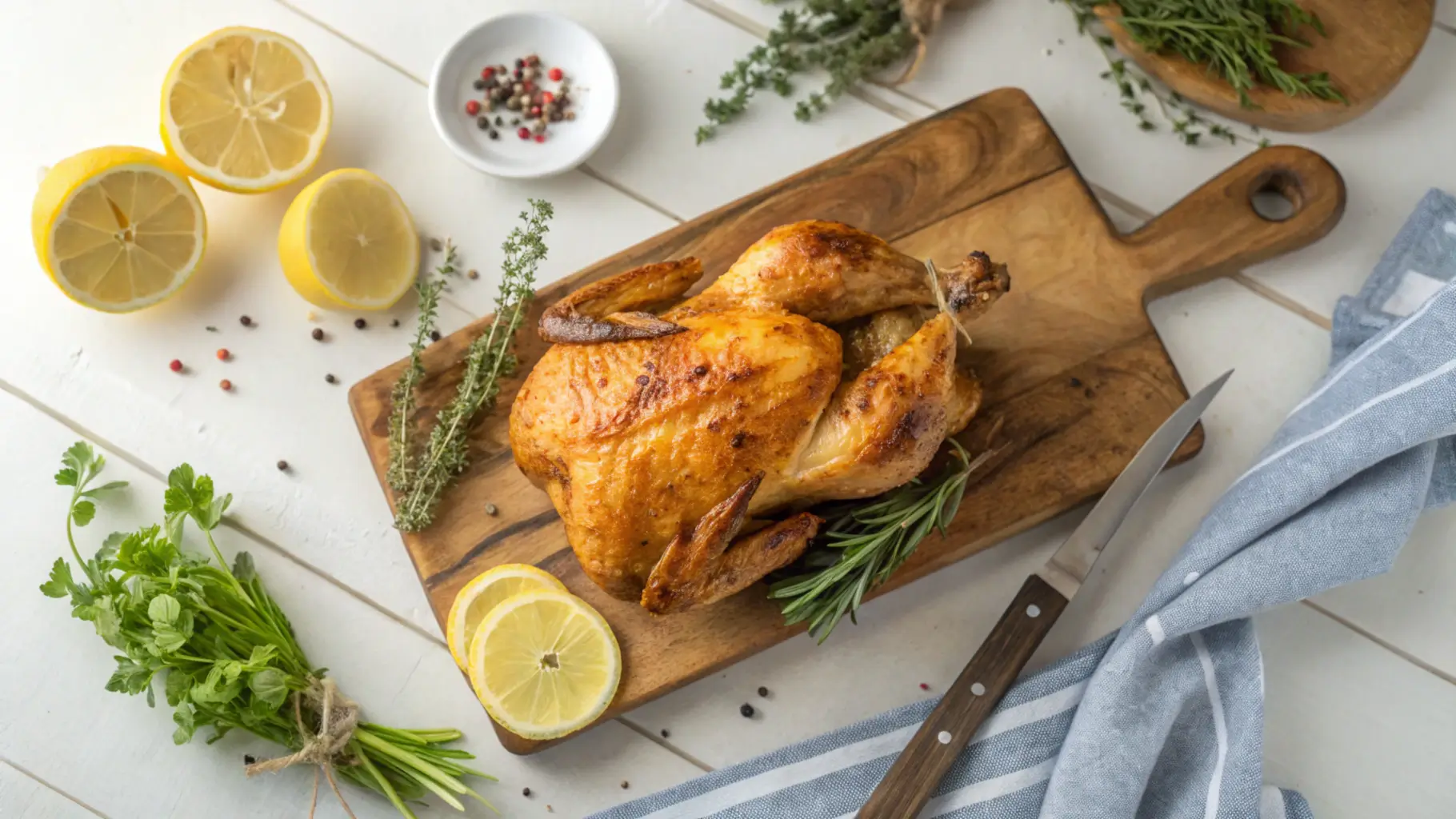 Golden rotisserie chicken on a cutting board with fresh herbs and lemon slices.